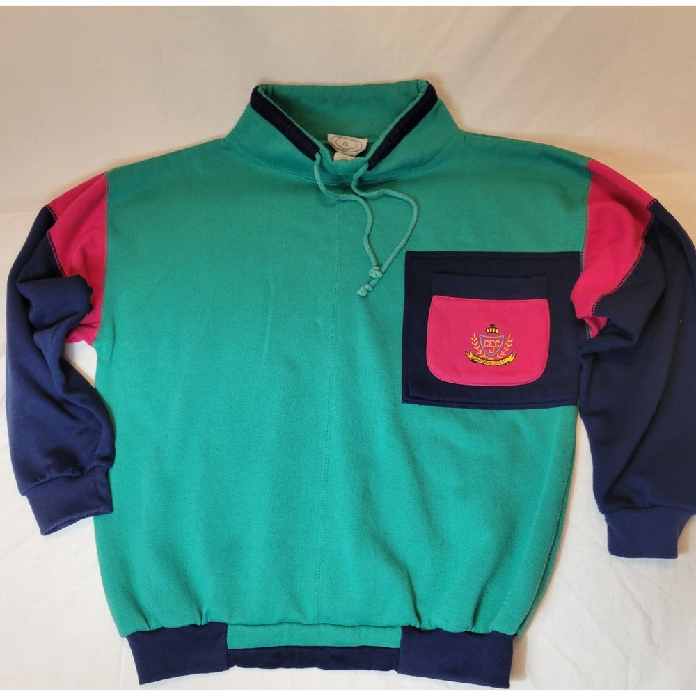 VTG Color Block 90s Crest‎ Preppy Mens M Funnel Neck Sweatshirt Slouchy Retro